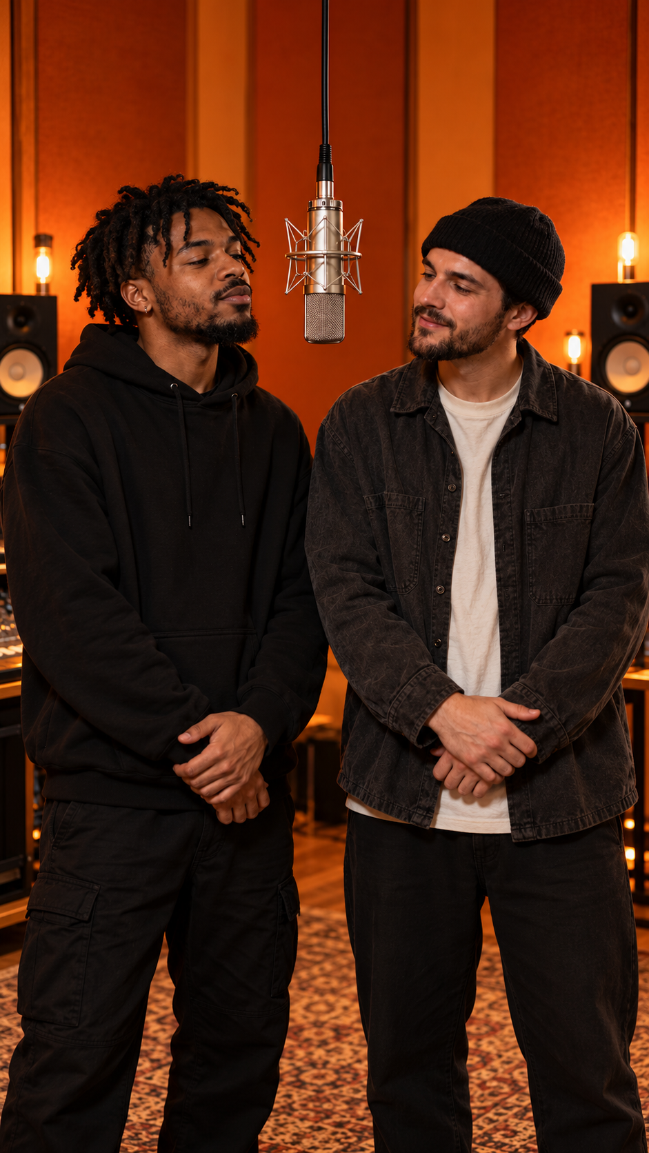 AI-created portrait-format first-frame reference showing A and B in the orange booth