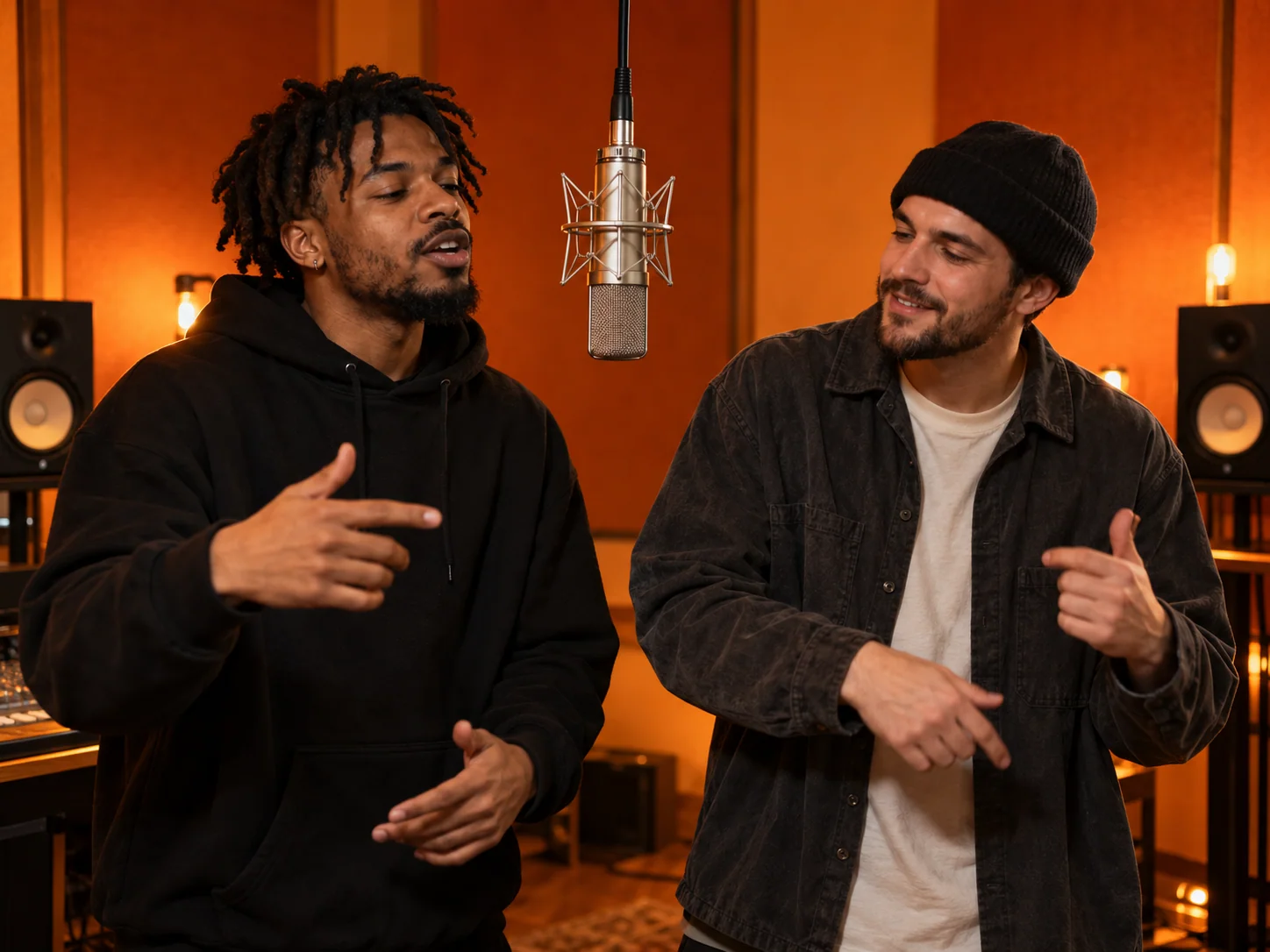 AI-generated concept of two adult rap performers sharing one hanging microphone in an orange recording booth